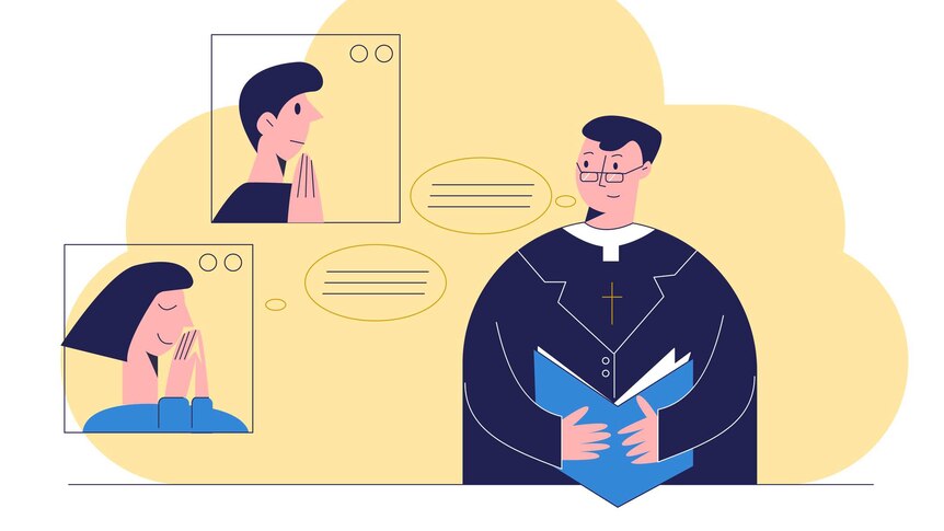 cartoon image of priest with dialogue boxes in video conference with young man and woman praying