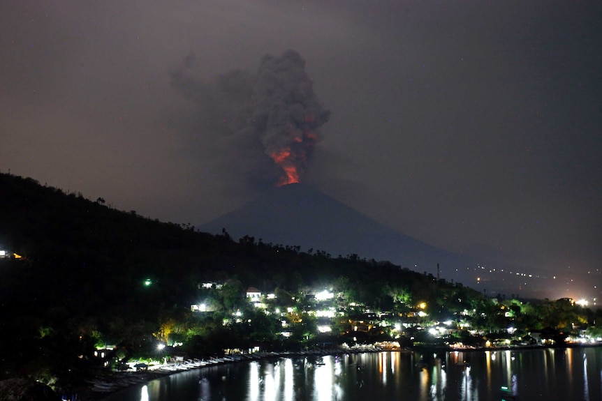 A view of the Mount Agung volcano erupting in Karangasem, Bali.