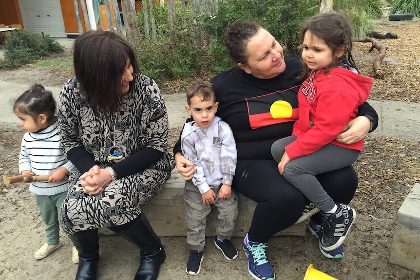 Angie and Lisa with some children at Bubup Wilam childcare centre.