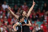 Jeremy Finlayson celebrates his winning goal for Port Adelaide