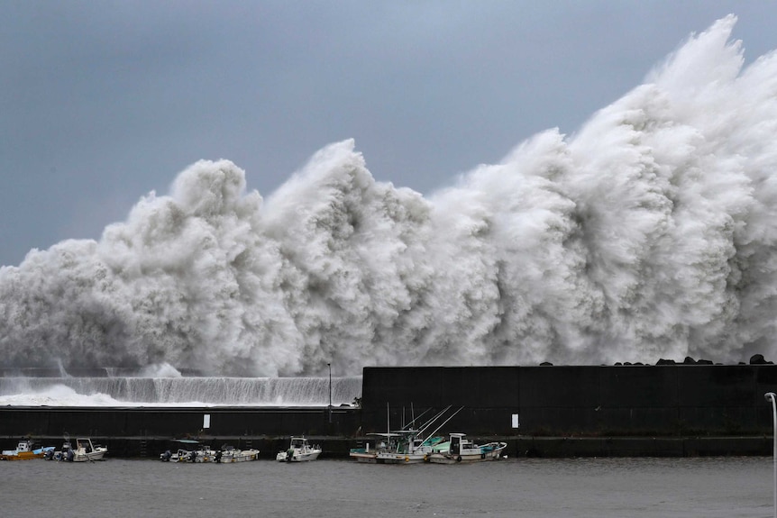High waves caused by Typhoon Jebi hit breakwaters at a port of Aki, Kochi prefecture.