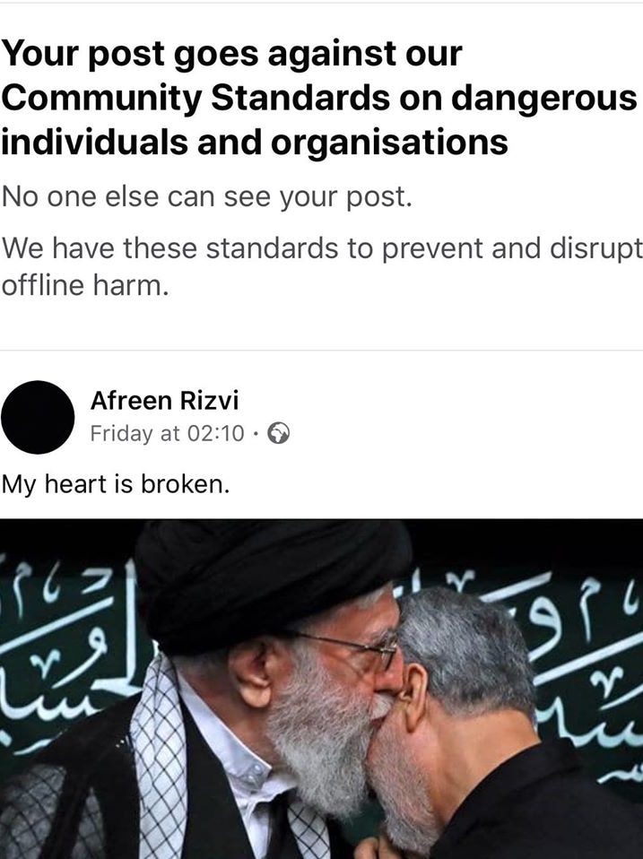 A screenshot of Afreen's post that was  banned on facebook for going against community standards.
