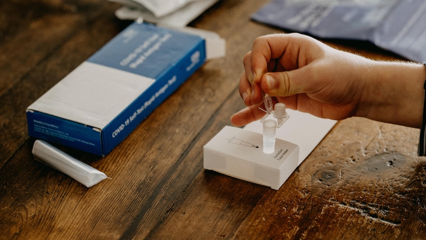 A hand drops solution into a small vial as part of an at-home COVID-19 rapid antigen test.