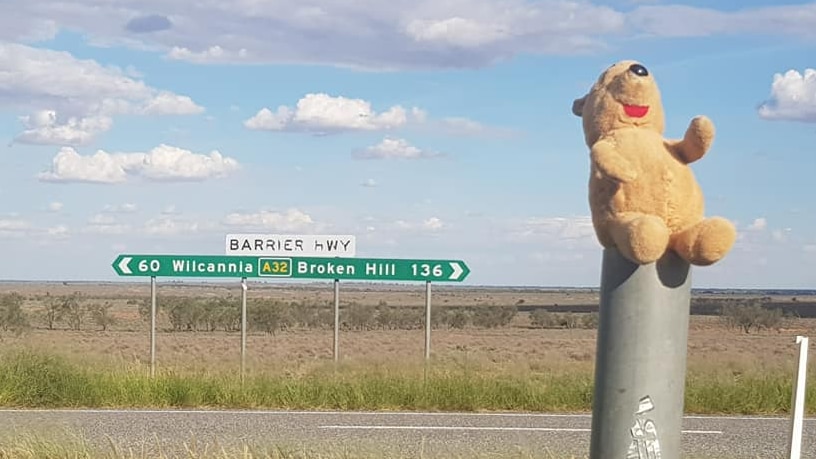 A winnie the pooh teddy bear sitting on a pole near between Wilcannia and Broken Hill