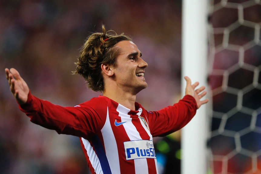 Antoine Griezmann celebrates a goal against Leicester City