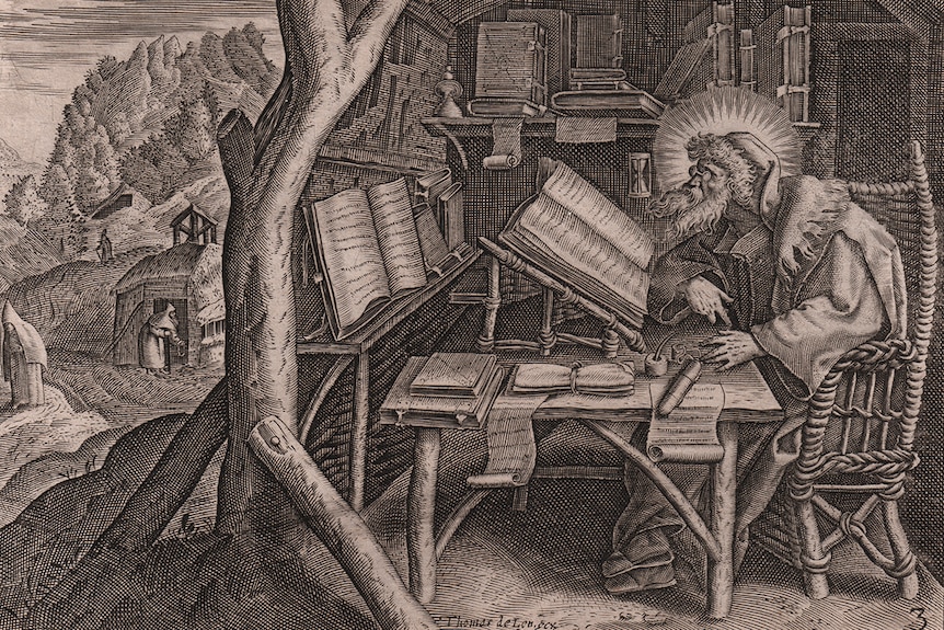Etching of Saint Evagrius Ponticus immersed in his studies by Thomas de Lieu (1560-1612).