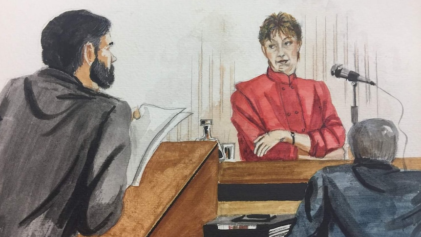Sketch of man with beard talking to woman in red dress in court
