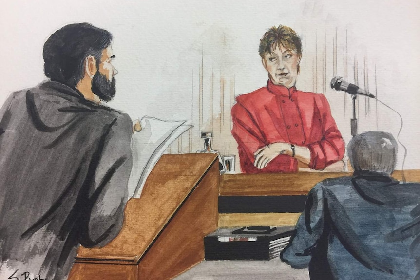 Sketch of man with beard talking to woman in red dress in court