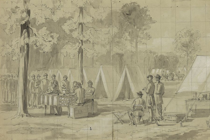 An illustration of US Civil War soldiers lining up to cast a ballot at a table.