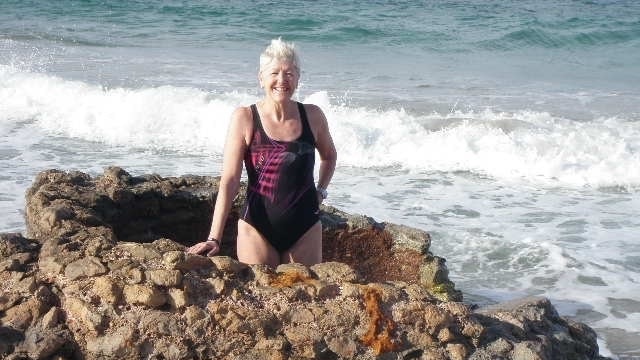Ocean swimmer Jenny Hole with Roman ruins on the coast of Libya