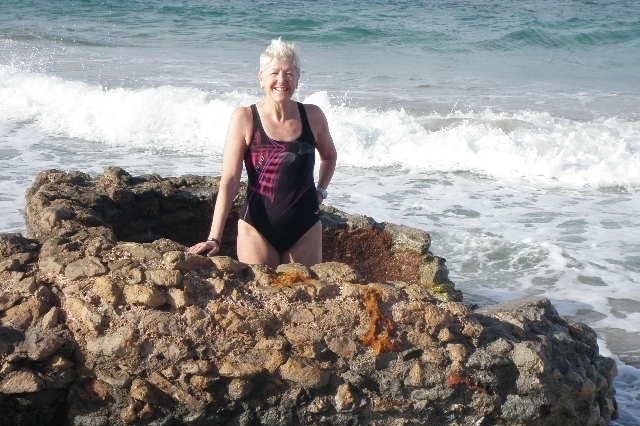 Ocean swimmer Jenny Hole with Roman ruins on the coast of Libya