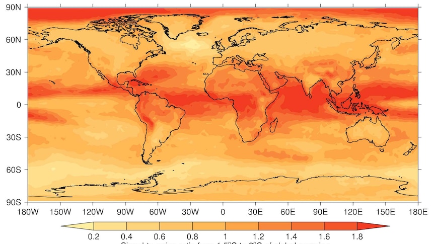 map showing red areas through the tropics indicating strong effects of climate change