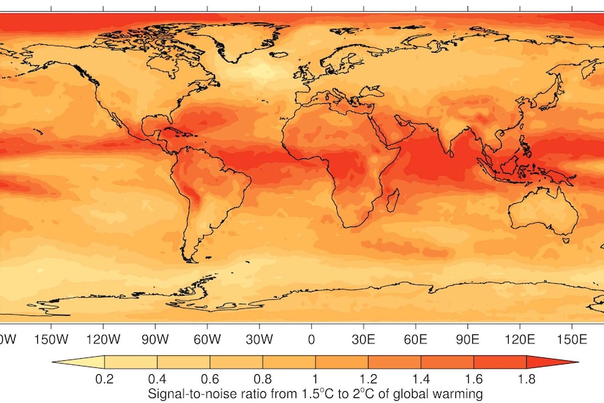 map showing red areas through the tropics indicating strong effects of climate change
