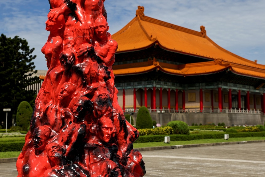 "Pillar of Shame” that was defaced with black paint pictured at Chiang Kai-shek Memorial Hall in Taipei.