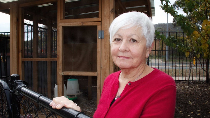 Christine looks into the camera, standing in front of the chicken coop.