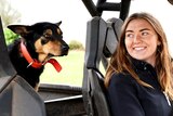 Claire sits at the wheel of the farm buggy smiling and looking at her kelpie Katie who sits in the back.