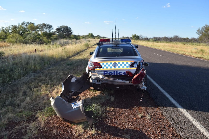 The damaged police car in Tennant Creek after it was rammed by Don Dale escapees.