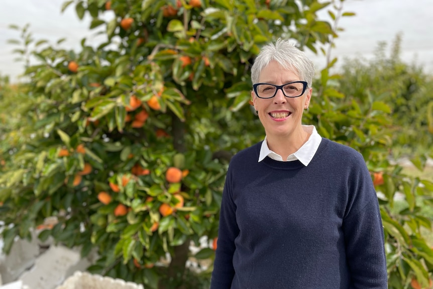 Photo of a woman smiling in front of a tree with orange fruit.