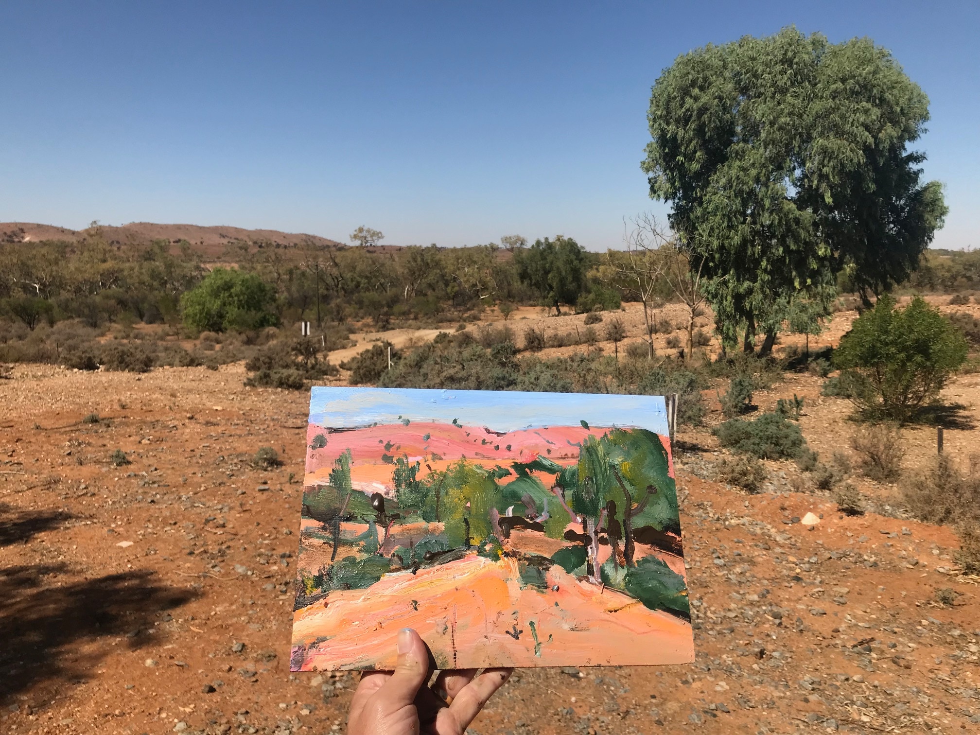 A painting is held up in front of the landscape, the area is dry with orange sand and some shrubs