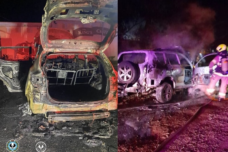 A composite image of two cars destroyed by fire.