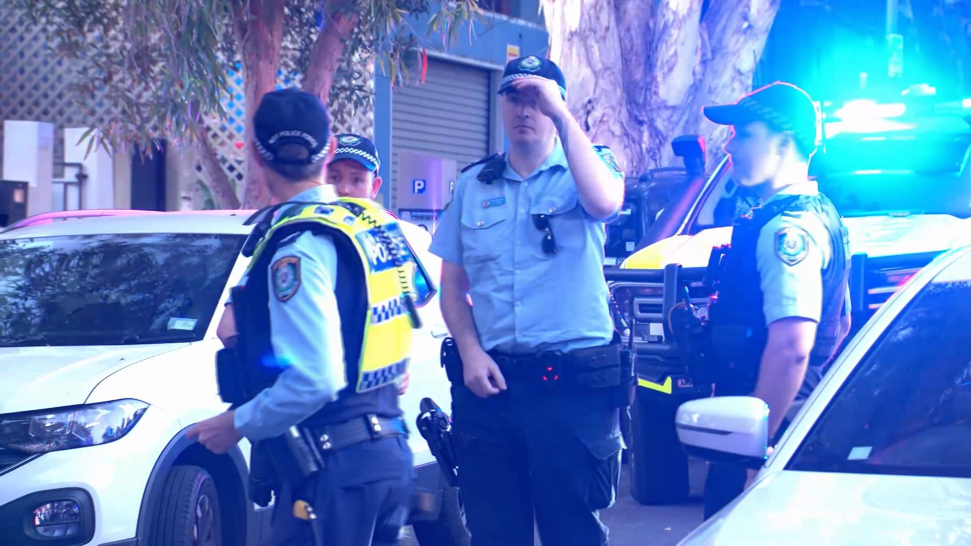 Police officers surround a suburban street.