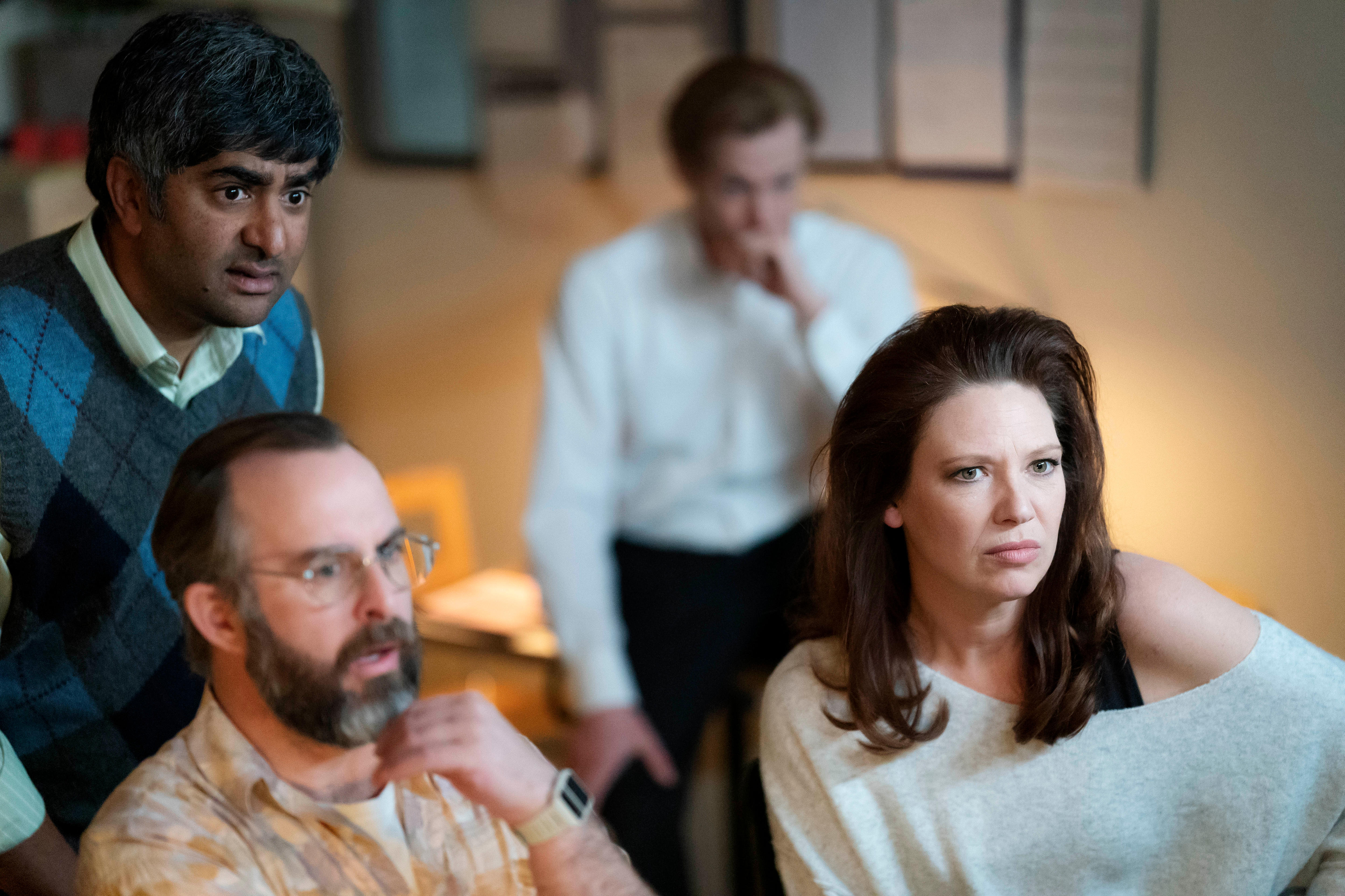 Chum Ehelepola (Dennis), John Leary (Murray), Sam Reid (Dale) and Anna Torv (Helen) in the edit room.