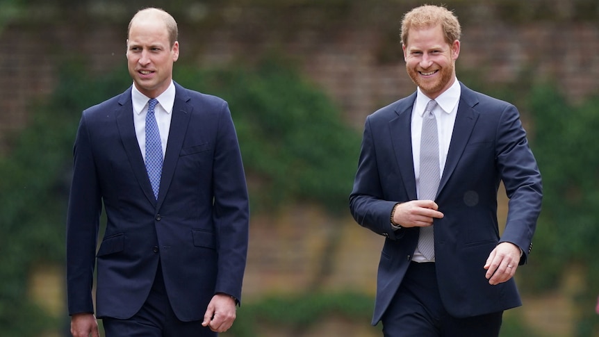 Prince William and Prince Harry walk side by side.