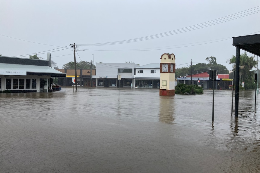 A flooded town square.