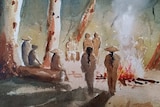 A water colour image of Chinese minders sitting around a campfire in a clearing, surrounded by gum trees.