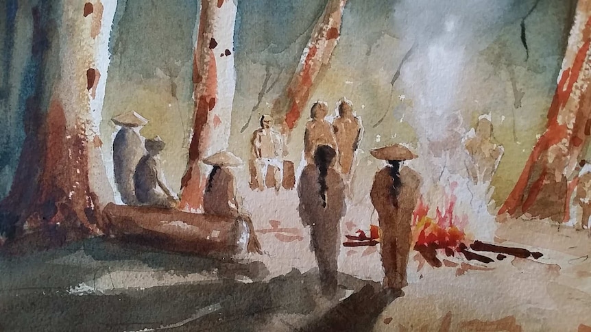 A water colour image of Chinese minders sitting around a campfire in a clearing, surrounded by gum trees.