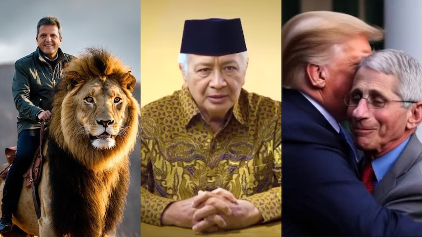 A composite of three AI-generated images of Sergio Massa riding a lion, Suharto and Donald Trump hugging Anthony Fauci. 
