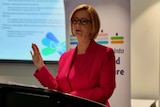 Julia Gillard stands at a podium speaking with a powerpoint display behind her