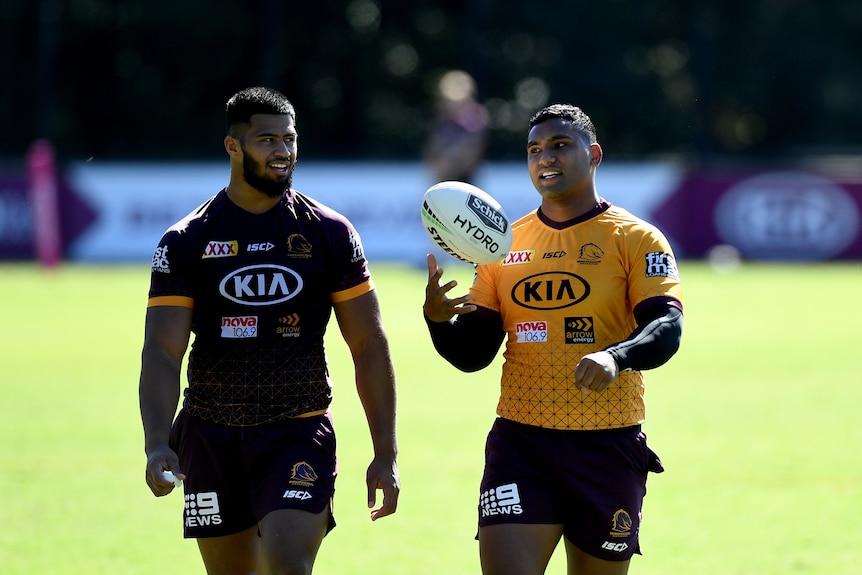 Two men train for a rugby league match