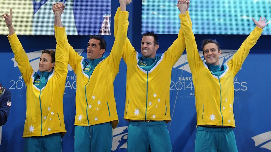 McEvoy, Abood, Magnussen and D'Orsogna celebrate Pan Pacs relay win