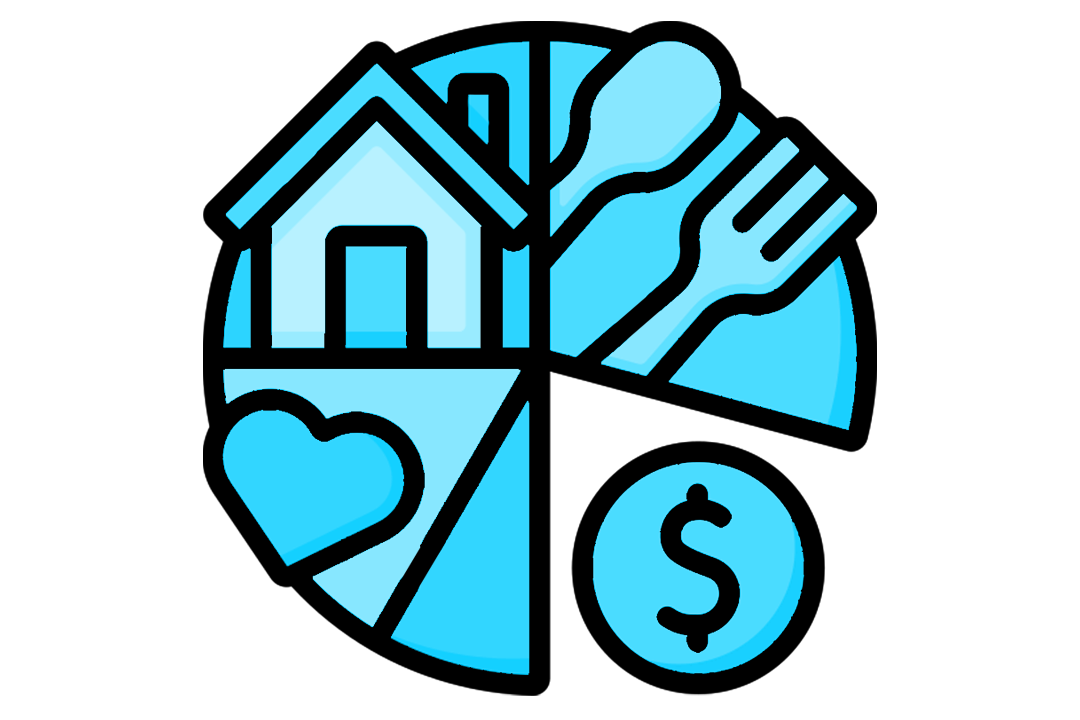 A blue graphic of a pie graph broken with sections of a house, cutlery, heart and dollar sign