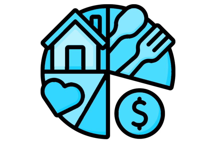 Синее изображение круговой диаграммы, разбитой на части дома, столовых приборов, сердца и знака доллара.