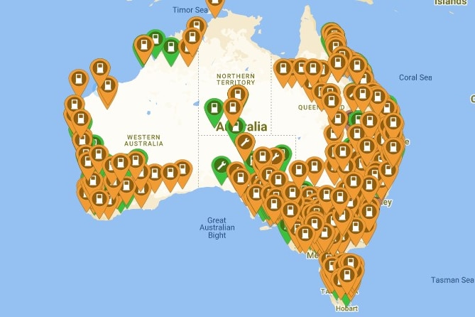 Map of Australia with green and orange markers showing where EV chargers are.