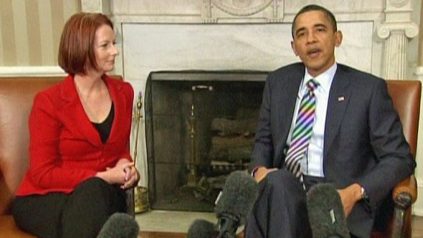 TV still of Barack Obama and Julia Gillard in White House press conference.