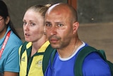 Sally Pearson (L) and high performance manager Eric Hollingsworth at the 2010 Commonwealth Games.