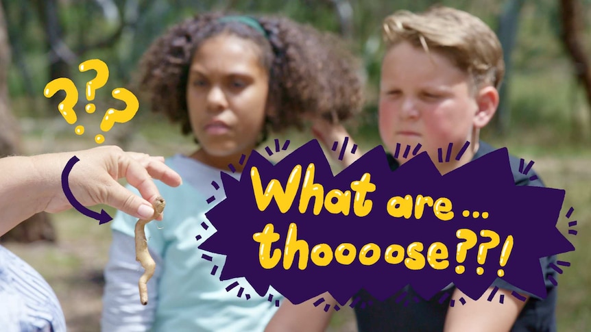 Teenage boy and girl look at hand holding a bulbous plant root, text reads "What are thooose??!"