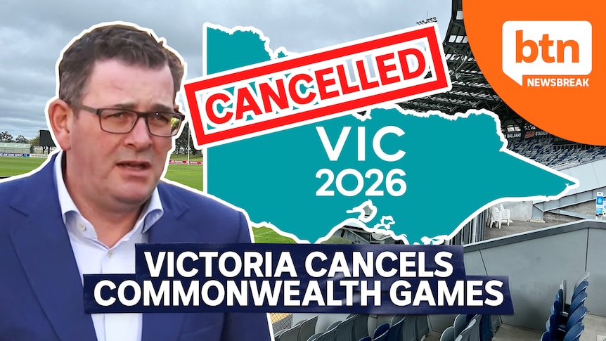 Dan Andrew to the left and a cutout of the state of Victoria to the right with the word "cancelled".