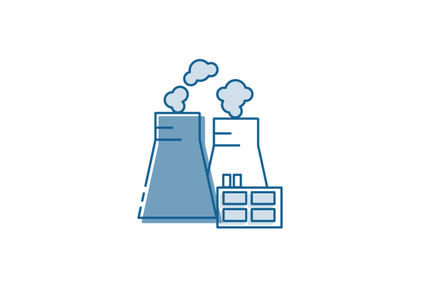 Icon drawing of industrial building with emissions coming out.