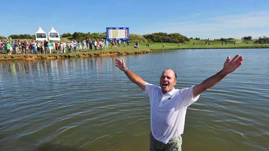 Thomas Levet fractured his shin after jumping in a lake following his French Open win.