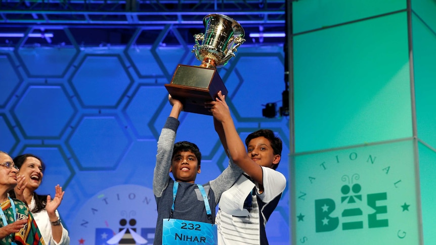 Nihar Saireddy Janga (left) and Jairam Jagadeesh Hathwar (right) hold their trophy after Scripps National Spelling Bee.