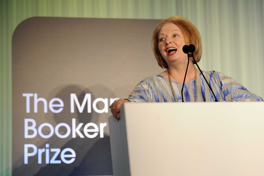The writer Hilary Mantel speaking at a podium as she accepts the 2012 Man Booker Prize