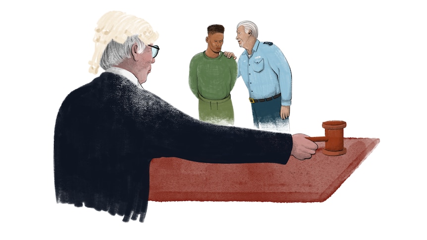 Illustration of Indigenous inmate, officer and judge in courtroom.