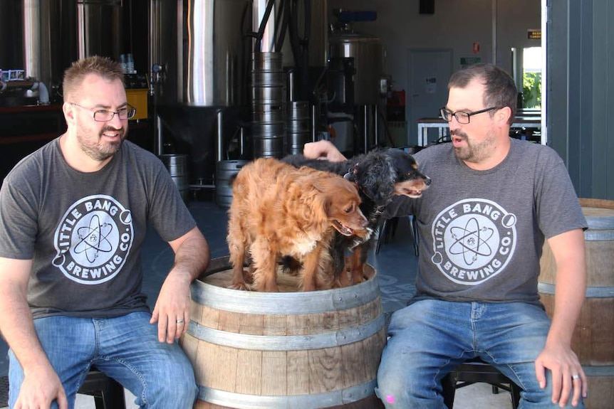 Owners of Little Bang Brewery Filip Kemp and Ryan Davidson with dogs Huxley and Dexter on a barrel.
