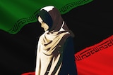 An illustration of a woman looking down wearing a hijab with an Iranian flag behind her with a black, instead of a white, middle