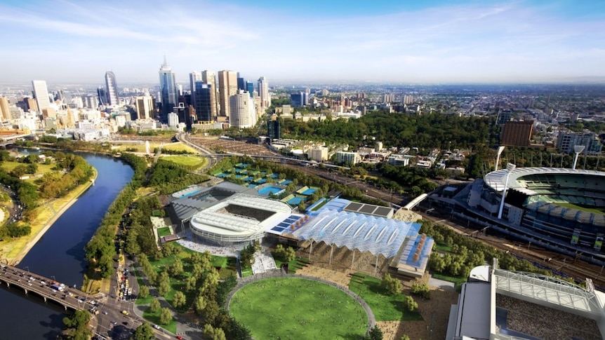 Aerial shot of concept plans for Melbourne Park upgrade