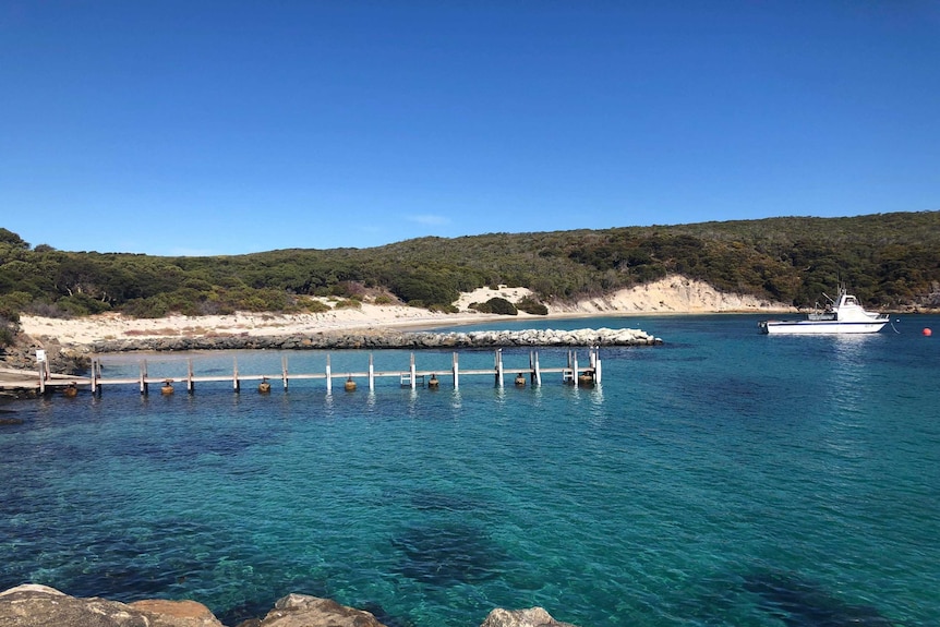 A picture of a bay on the south coast including a fishing boat and a jetty